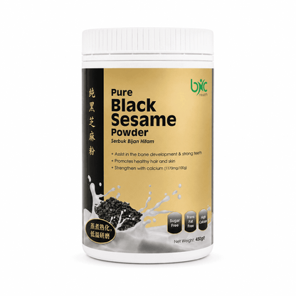 Pure black sesame seed powder in a white container, promoting healthy hair and skin