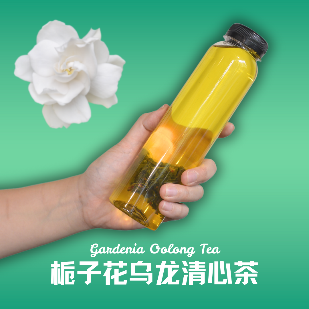 Bottle of Gardenia Oolong Tea benefits showcasing clear tea infusion and floral design