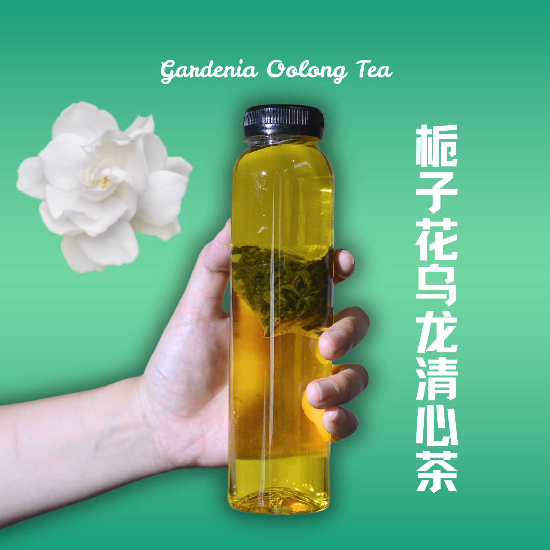 Hand holding a bottle of Gardenia Oolong Tea showcasing its benefits and refreshing color