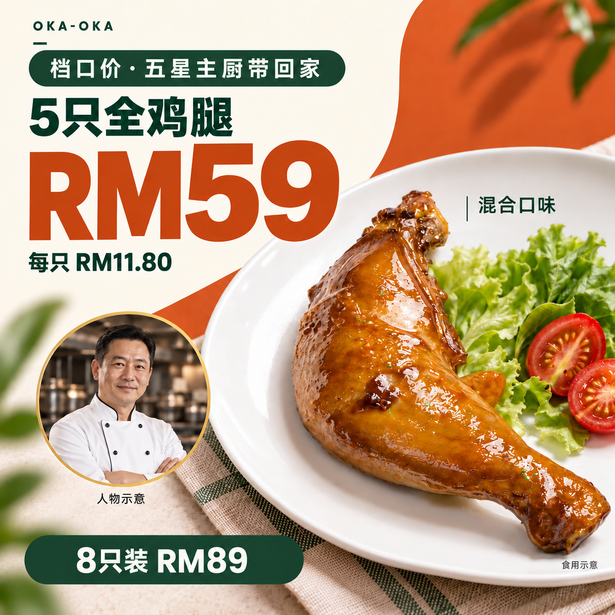 档口价，五星主厨带回家；5只全鸡腿RM59，每只RM11.80，8只装RM89。厨师为AI人物示意，配菜与摆盘为食用示意。