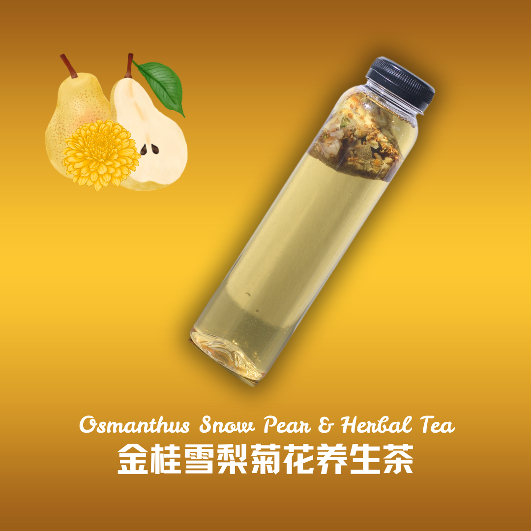 Bottle of Osmanthus Snow Pear Tea benefits with herbal blend, featuring pear and osmanthus flowers