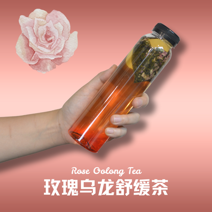 Hand holding a clear bottle of Rose Oolong Tea showcasing its floral benefits and vibrant color