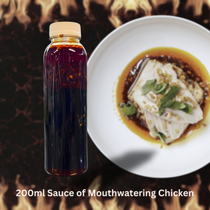 200ml bottle of Sichuan mouthwatering chicken sauce beside a dish of chicken drizzled with sauce