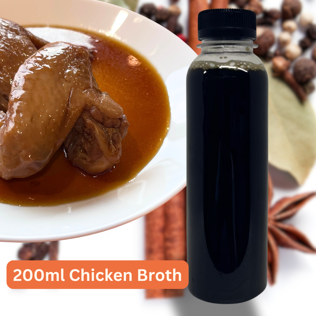 OKA-OKA Signature Braised Broth 200ml in a bottle next to a bowl of rich chicken broth